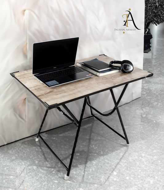 Indianarmar Multipurpose Study & Laptop Table for Work from Home – Engineered Wood Top, Portable Design, Black Plywood Surface, Powder-Coated Metal Legs, Compact Desk for Office & Home Use (White)