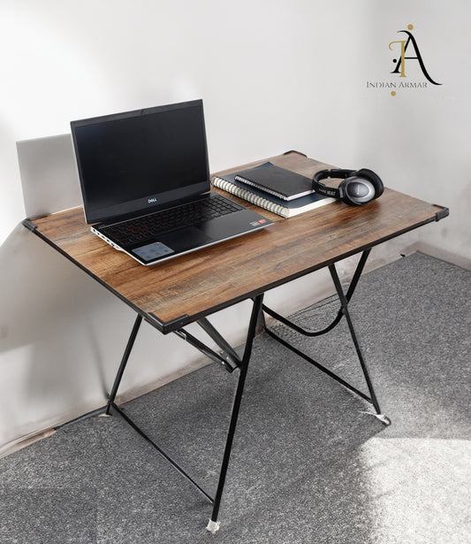 Indianarmar Multipurpose Study & Laptop Table for Work from Home – Engineered Wood Top, Portable Design, Black Plywood Surface, Powder-Coated Metal Legs, Compact Desk for Office & Home Use ( Brown )